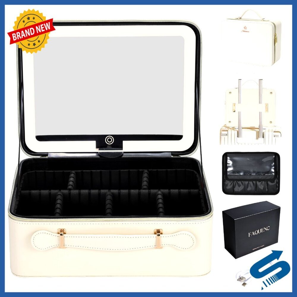 Leather Makeup Case with LED Mirror Travel Cosmetic Bag Organizer Adjustable